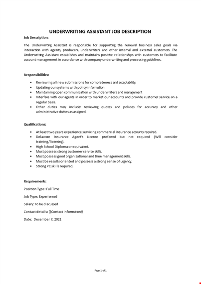 underwriting assistant job description template