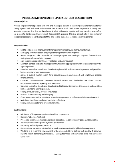 process improvement specialist job description template