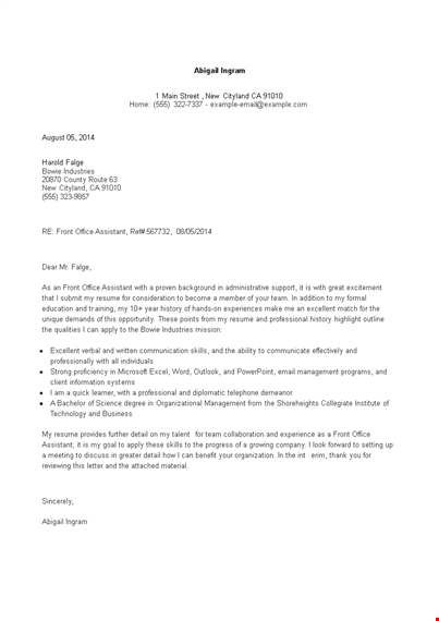 job application letter for front office executive template