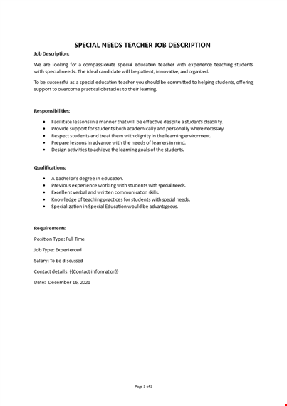 special needs teacher job description template