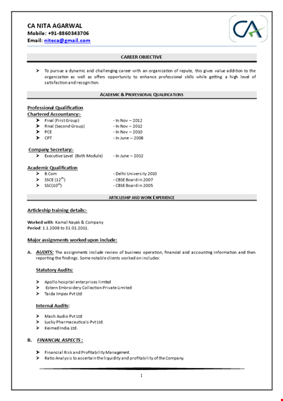 chartered accountant fresher resume template
