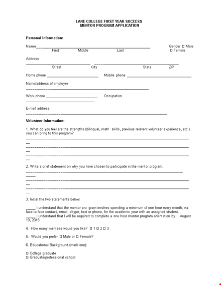 mentor application template for word template