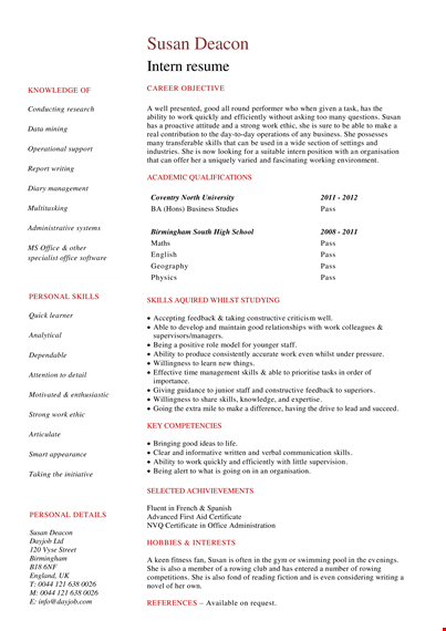 student internship resume example template