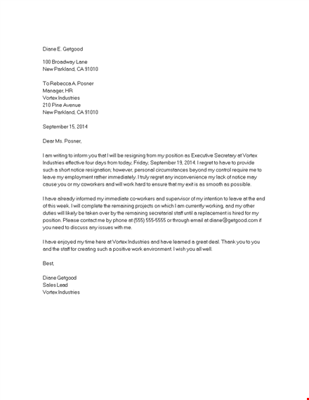 short notice resignation letter template