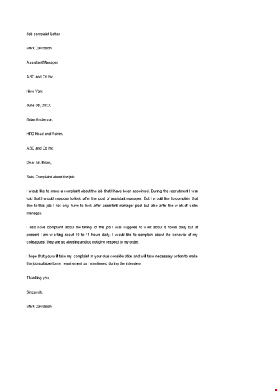 job complaint letter template