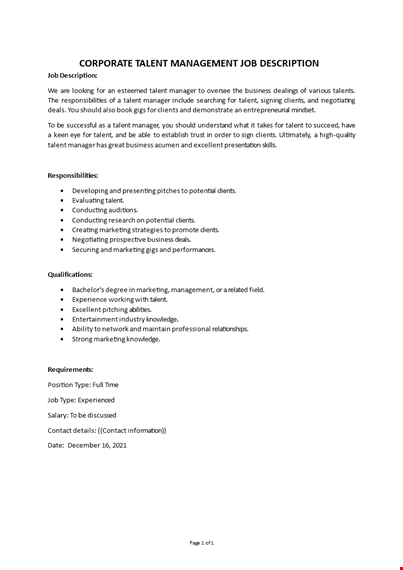 talent management job description template