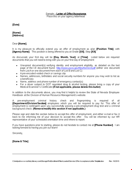 service offer acceptance letter template template