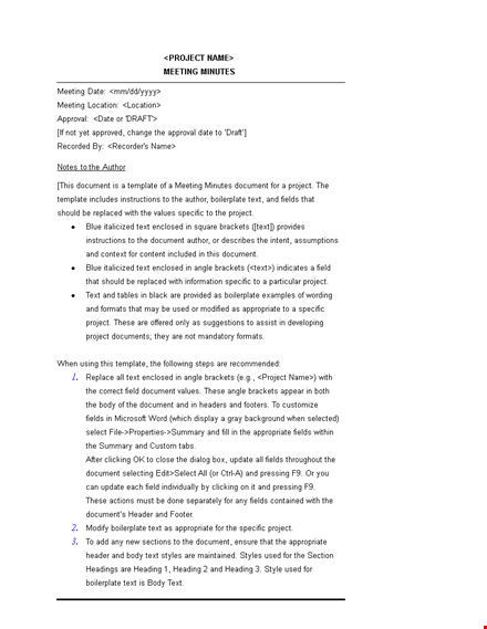 sample project meeting minutes template template