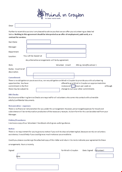 offer letter & agreement for volunteering in croydon - get started now template