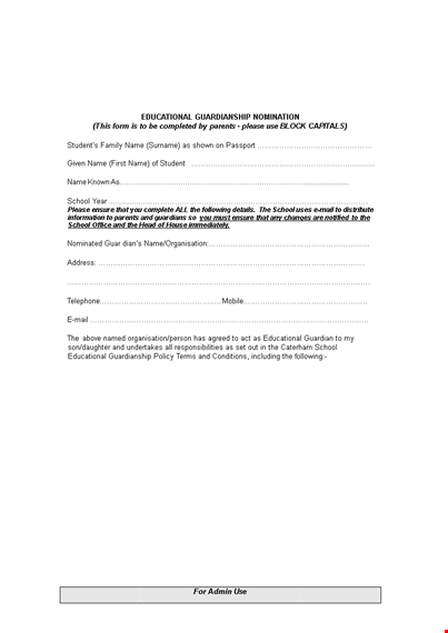 educational guardianship form for school parents | easy & essential template