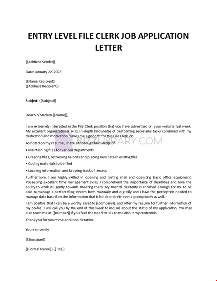 entry level file clerk job application letter template