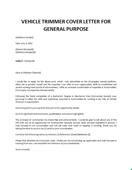 vehicle trimmer cover letter template