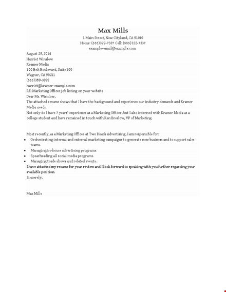 sample marketing officer job application letter template