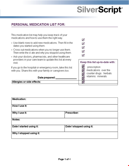 printable personal medication list template