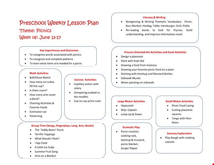 preschool weekly lesson plan template template