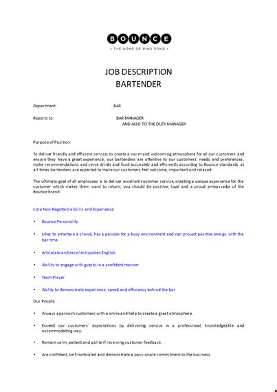 bartender supervisor job description - manager of service for customers template