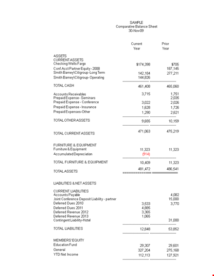 comparative balance sheet template | total, current assets, equity, prepaid template