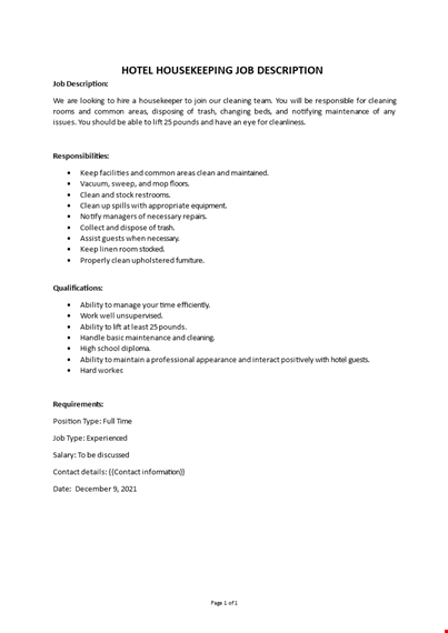 hotel housekeeping job description template