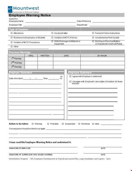 employee warning notice | violation | employer action template