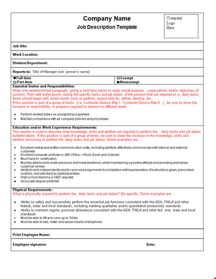 customize your job description for required positions template