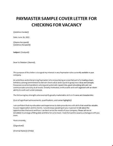 paymaster sample cover letter template