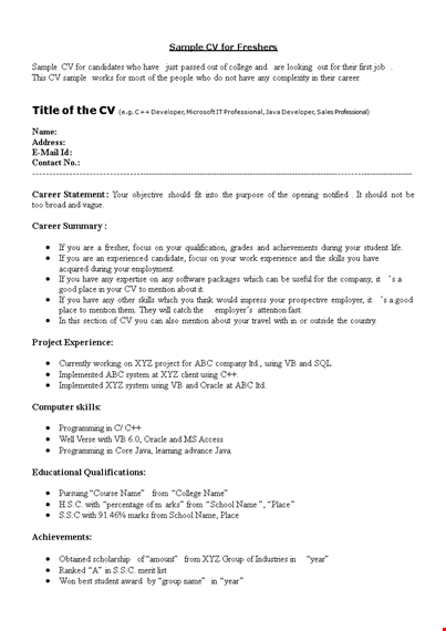 fresher java resume sample template