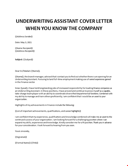 underwriting assistant cover letter template