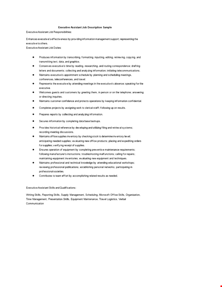 free download executive assistant job description sample nwikkzig template
