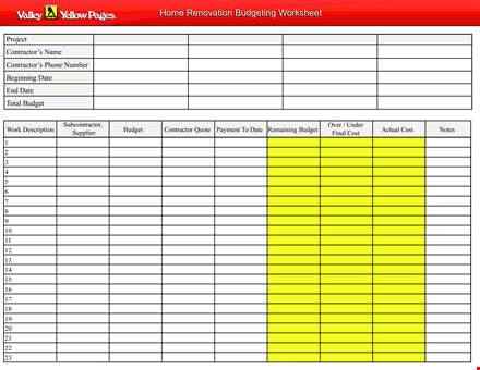 home renovation budget worksheet | efficiently plan and manage your contractor budget template