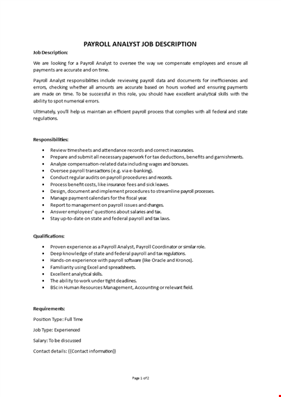 payroll analyst job description  template