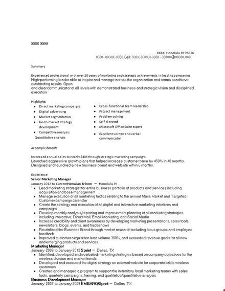 senior marketing manager resume - marketing, sales | january template