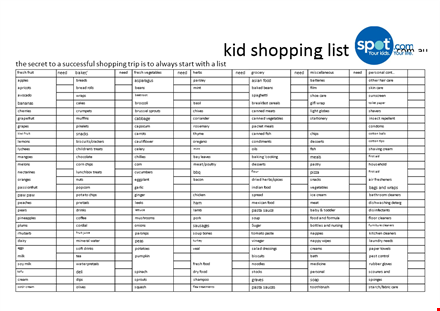 healthy food shopping list for kids - fresh fruits, cleaners template