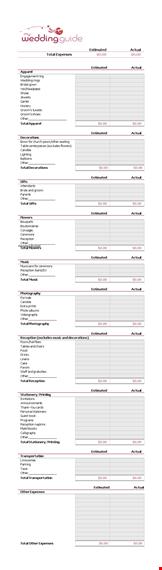 weeding budget spreadsheet - total, actual, estimated, other, reception template