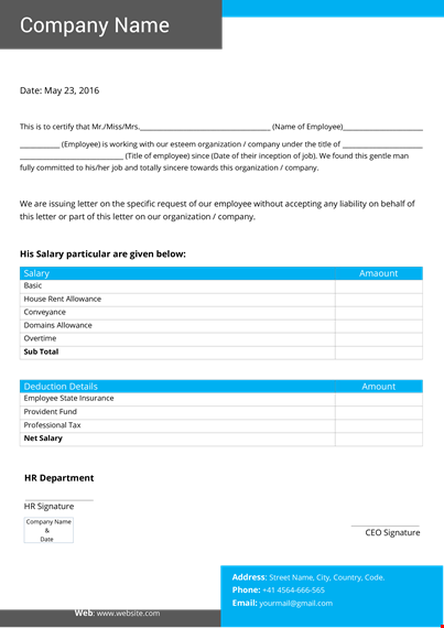 salary certificate - generate proof of income for employees | company & organization template