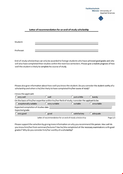 end of study scholarship recommendation letter template