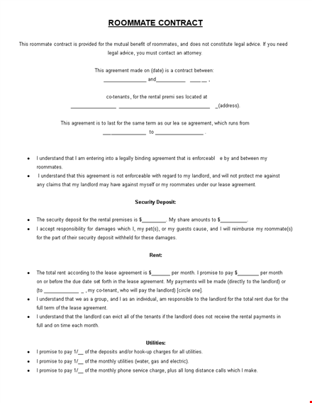 roommate agreement template - create a promise with your roommates and landlord template