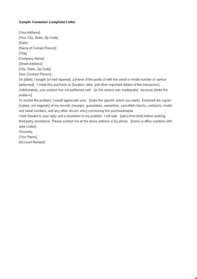consumer letter of complaint template