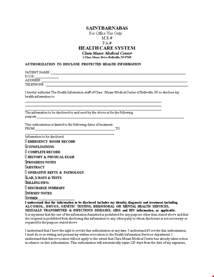 authorize medical release form to disclose health information template