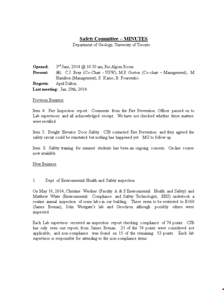 sample safety meeting minutes | safety inspection results template