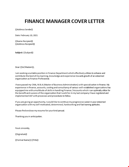 finance manager cover letter template