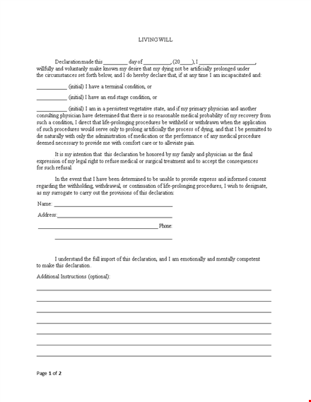living will template - physician-approved medical declaration for initial conditions template