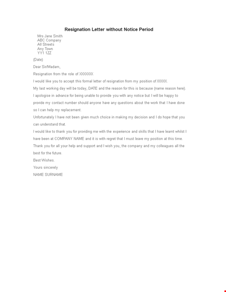 formal resignation letter format example without notice period template