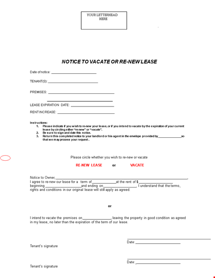 renew your lease or give notice to vacate - download sample letter template