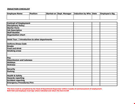 induction training checklist template for employee onboarding & reporting template