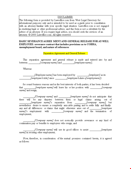 customize your separation agreement template for company and employee template