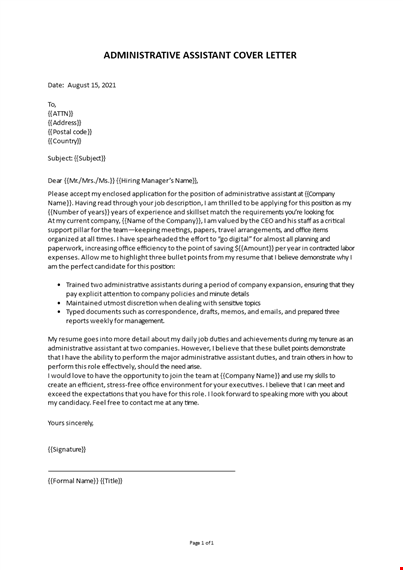 administrative assistant cover letter example template