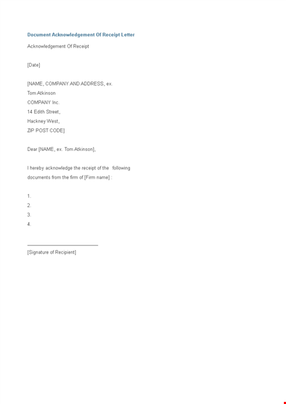 document receipt acknowledgement letter example template