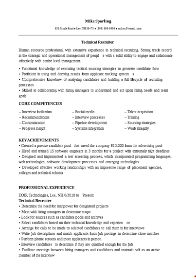 it technical recruiter resume template