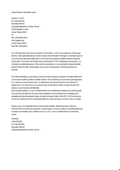 school teacher termination letter template
