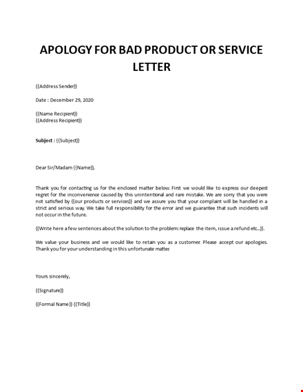 sample apology letter to customer for bad product template